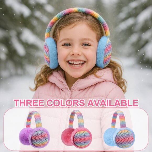 ⚡Kid Rainbow Blue Knitted Rainbow Winter Outdoor Plush Adjustable Warm Ear Muffs - Picture 2 of 9